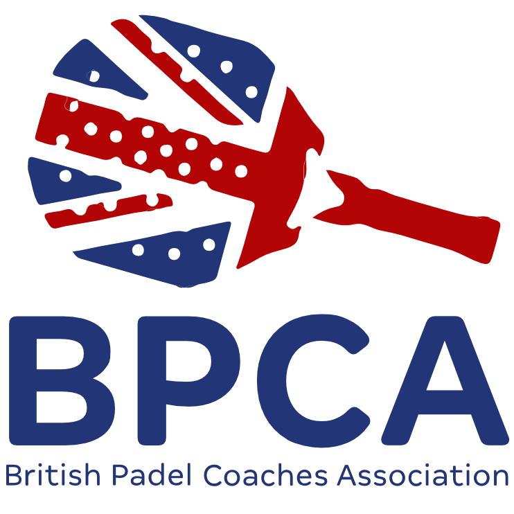 Logo of the British Padel Coaches Association featuring a padel racket in red and blue above the text BPCA and British Padel Coaches Association.