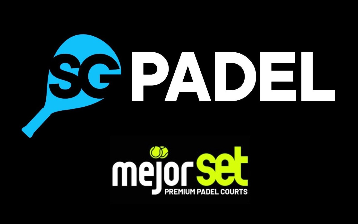 Logo for SG Padel featuring a blue padel racket, and the text 'mejor set' and the tagline 'Premium Padel Courts'.