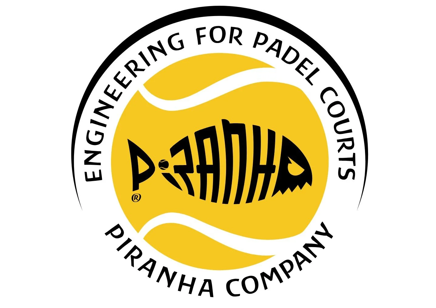 Logo for Piranha Padel Company with the word piranha in the shape of a piranha inside of a yellow tennis ball.