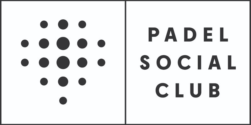 A logo with a bunch of dots in the shape of a Padel racket and the words "Padel Social Club" on the right.