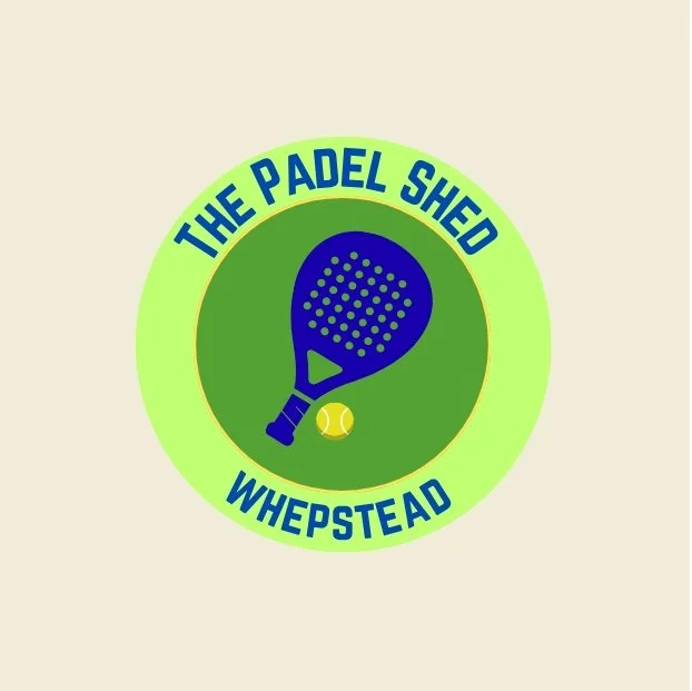 Logo for The Padel Shed in Whelpstead, featuring a blue padel racket and yellow tennis ball on a green circle background with a light beige outer circle.