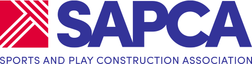 SAPCA logo with red and blue colors and the text 'SPORTS AND PLAY CONSTRUCTION ASSOCIATION' underneath.