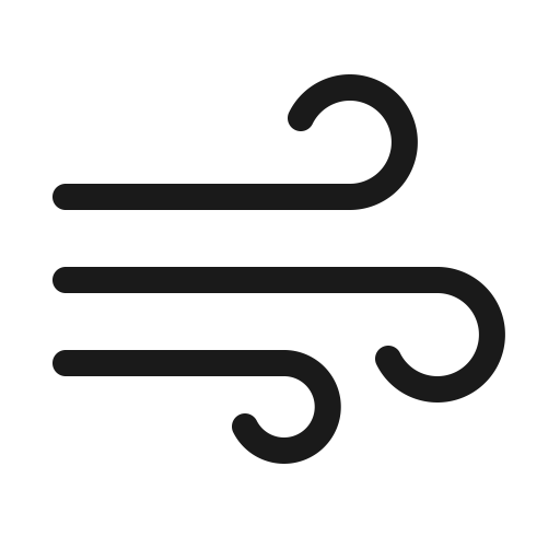 Abstract black symbol resembling wind or airflow.