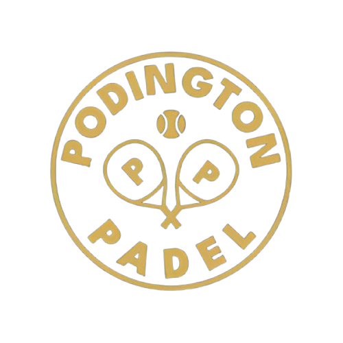Logo of Poodlington Padel featuring two crossed padel rackets, a tennis ball, and the text 'PODINGTON PADEL' in a gold circular design.