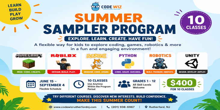 Colorful promotional flyer for a summer sampler coding program offering 10 classes in games, robotics, and more for children in grades 1-12, priced at $400 for 10 classes, running from June 15 to September 4.