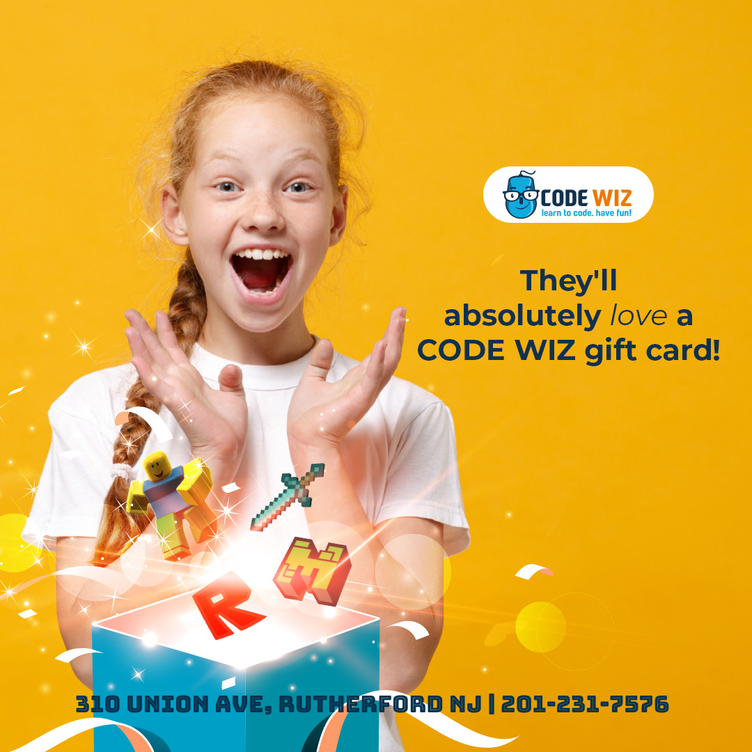 A girl with red hair and a white T-shirt excitedly reaching towards a glowing box with digital Minecraft-style characters and letters coming out, promoting CODE WIZ gift cards on a yellow background.