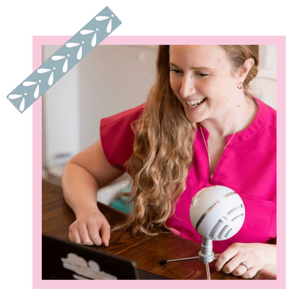 Found of The NICU Translator Mary Farrelly records an episode of her NICU podcast in fuchsia scrubs.