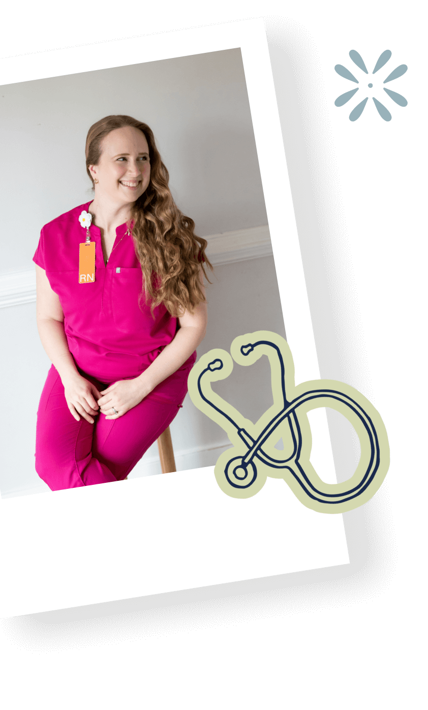 Founder of The NICU Translator and host of NICU workshops and courses Mary Farrelly sits on a stool in hot pink scrubs.