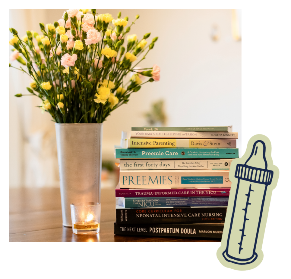 A stack of books that are read in the NICU Doula Academy courses, recommended by Mary Farrelly.