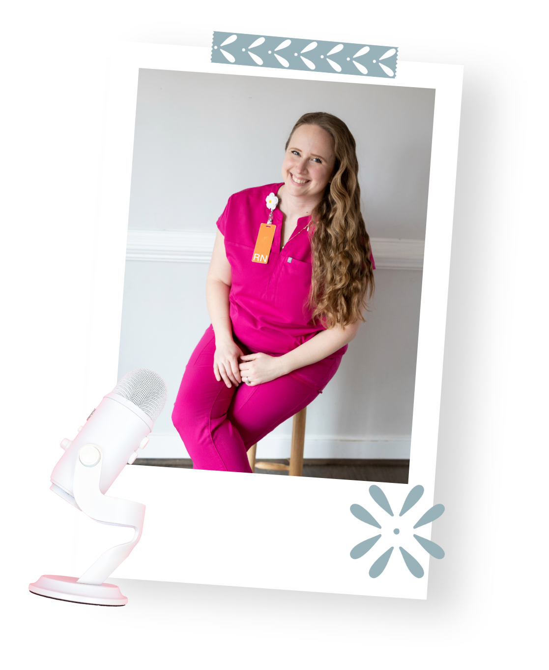 Mary Farrelly, NICU nurse turned doula and host of the NICU podcast, smiles in fuchsia scrubs.