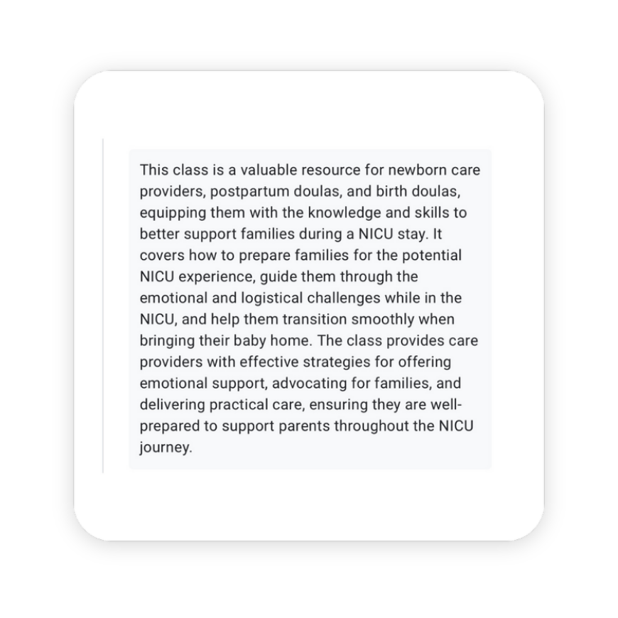 A positive review about Mary Farrelly's Navigating the NICU for Doulas course on The NICU Translator website.