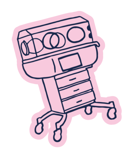 The NICU Translator hand drawn incubator graphic in light pink.