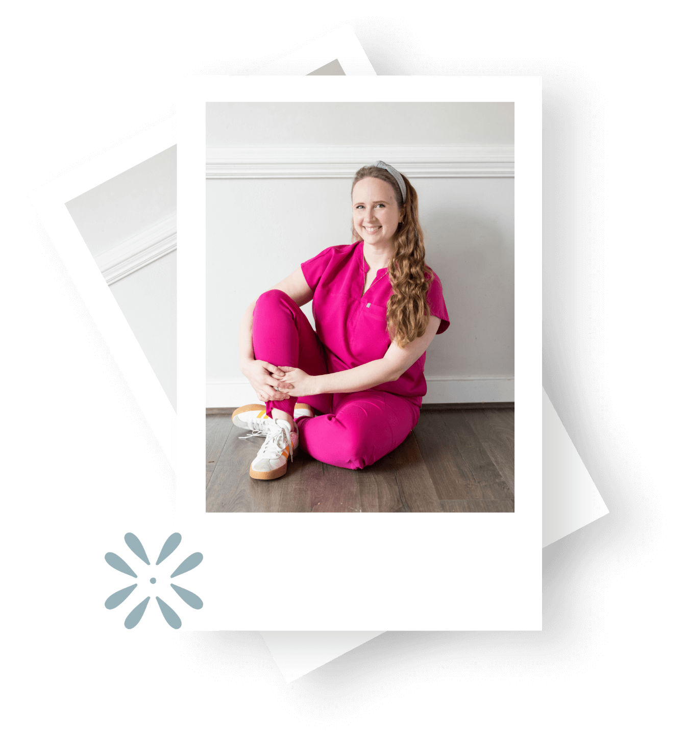 NICU nurse turned doula Mary Farrelly, who sits on the floor in pink scrubs, founded The NICU Translator.