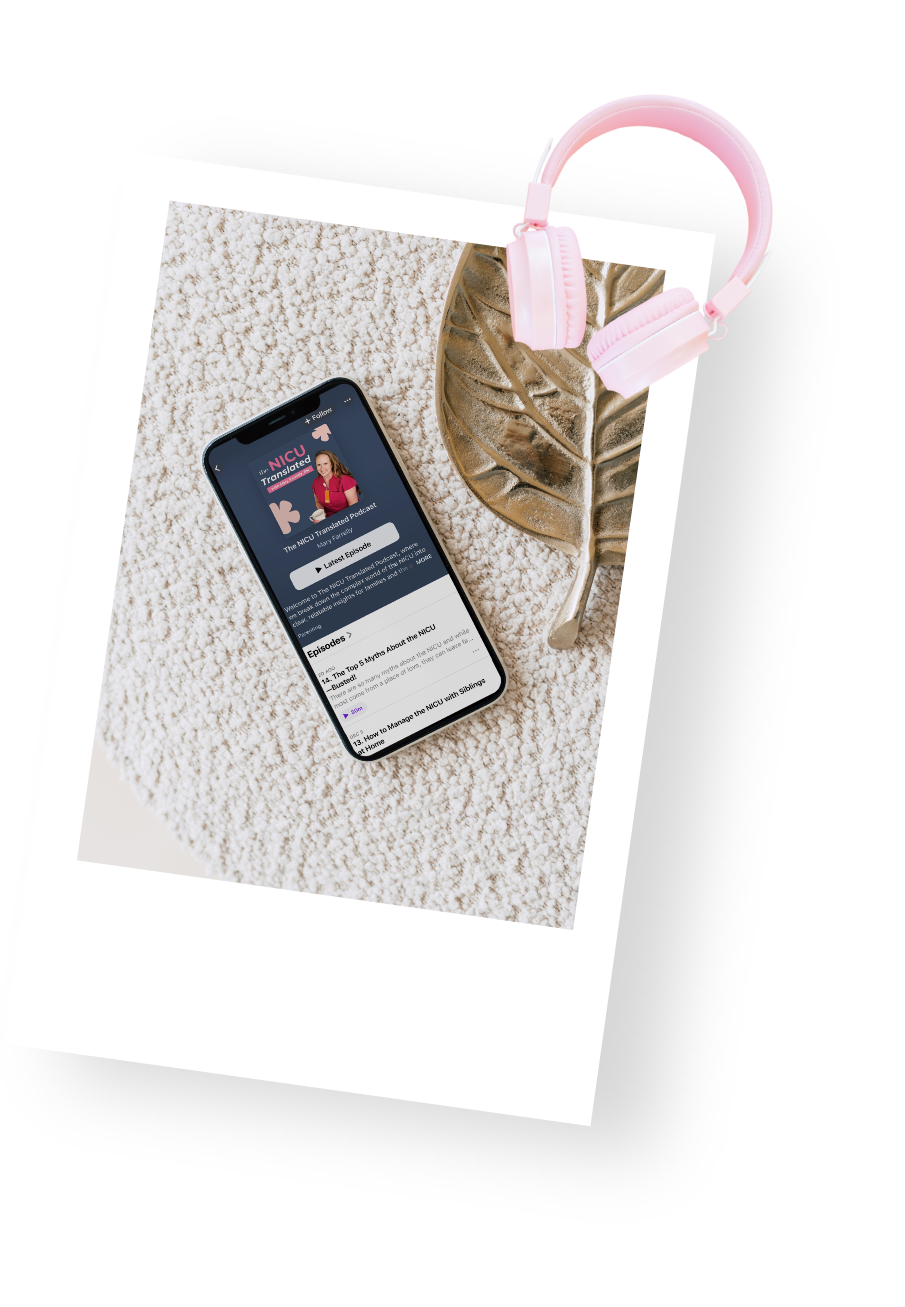 Mary Farrelly's podcast, The NICU Translated, is shown on a smart phone.