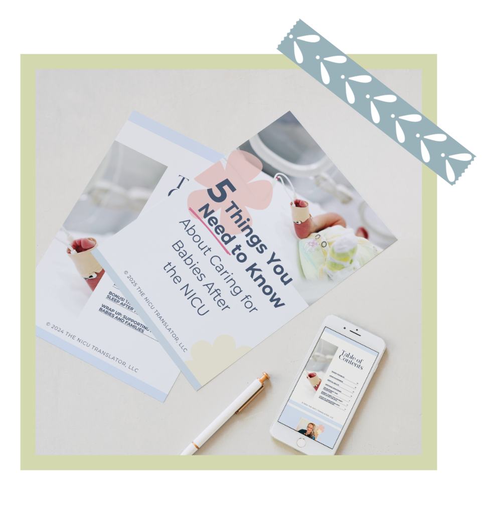 A flyer for The NICU Translator's course 'Navigating the NICU for Doulas' sits on a table.