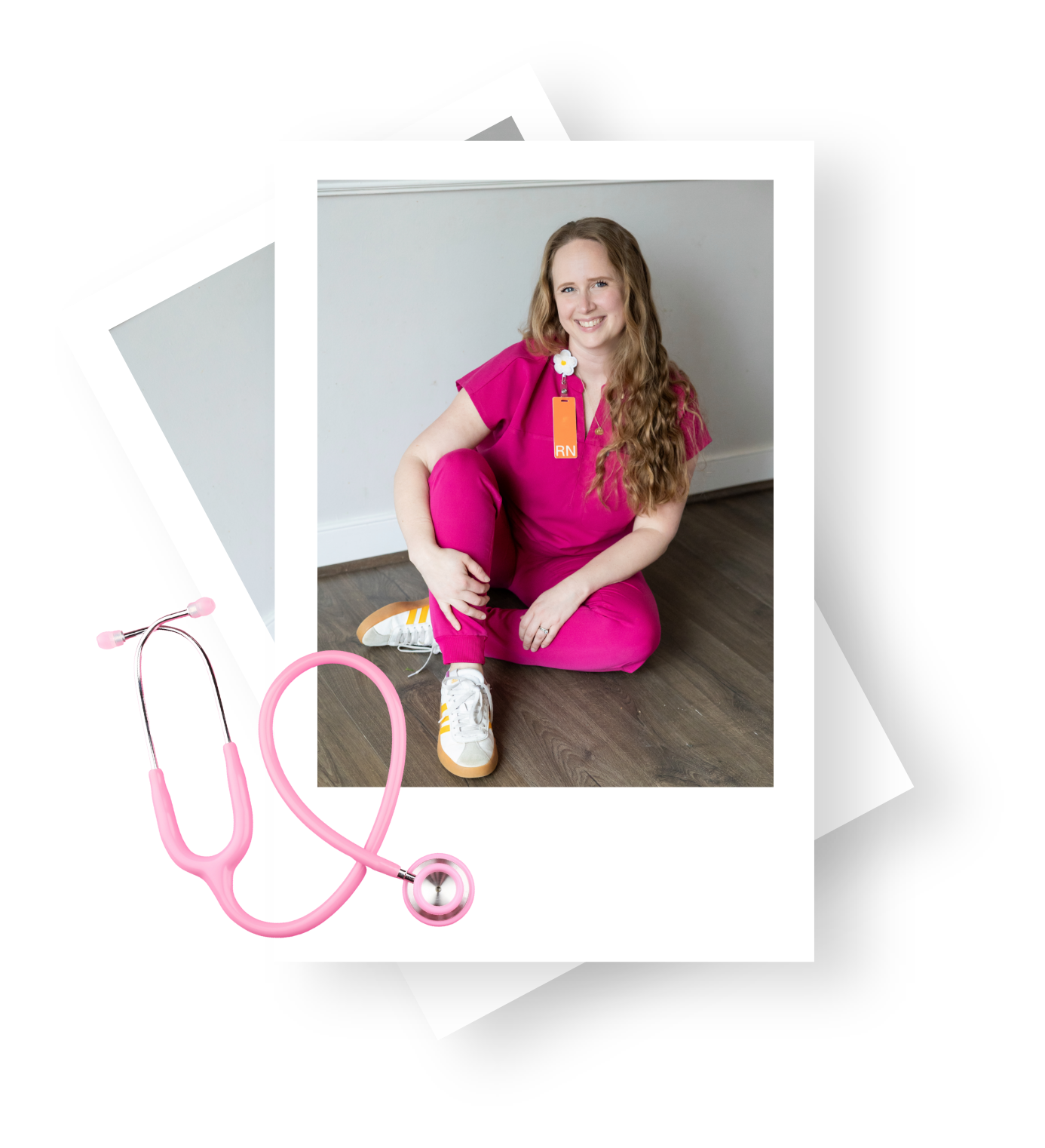 NICU nurse turned doula and The NICU Translator founder Mary Farrelly sits in fuchsia scrubs.