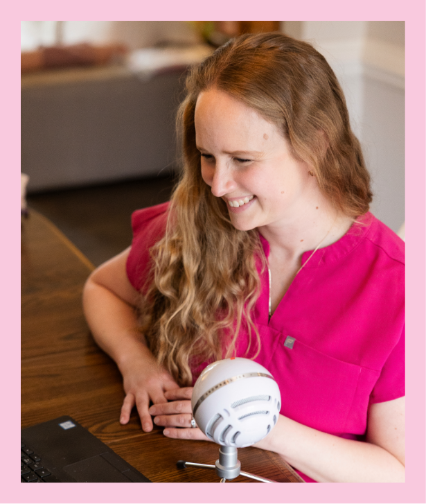 Mary Farrally records her NICU podcast in pink scrubs for The NICU Translator.