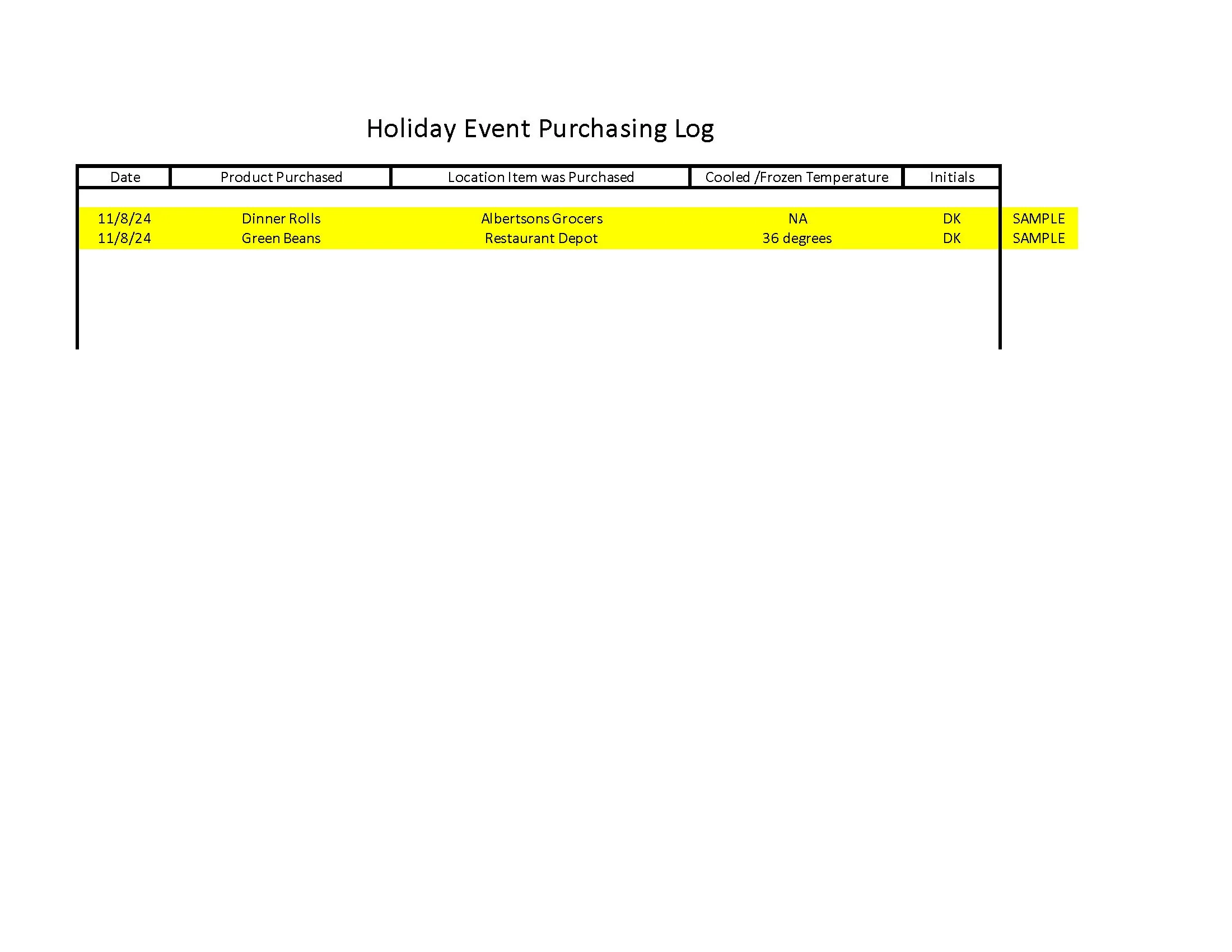 Holiday Event Purchasing Log 