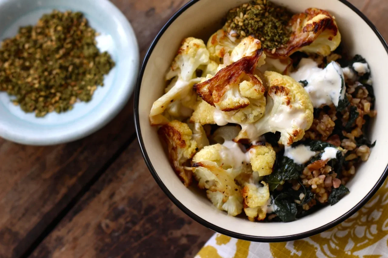 Freekeh Bowls with Za'atar Salmon, Roasted Cauliflower, Apricots &amp; Pistaschios