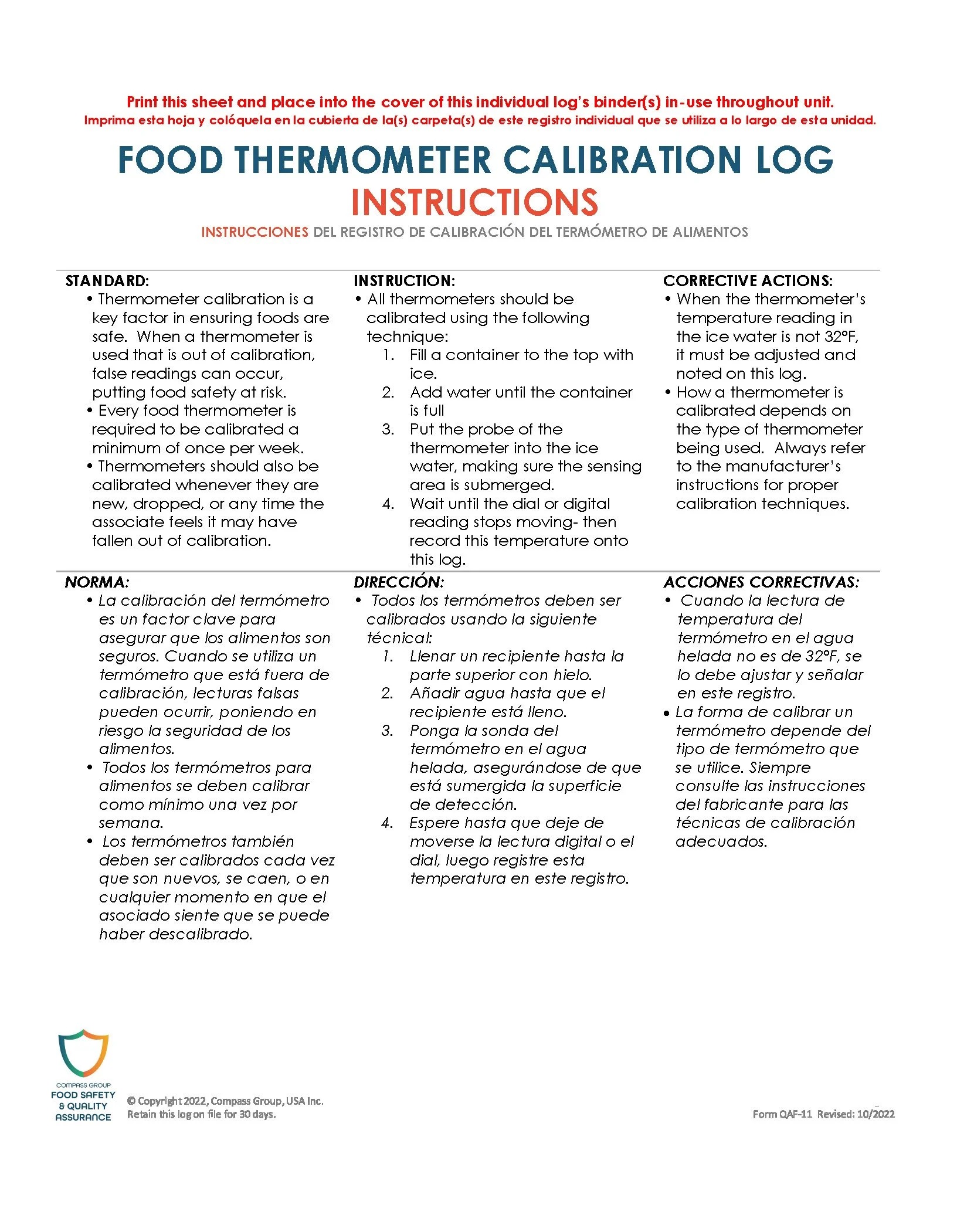 Food Thermometer Calibration Log Instructions