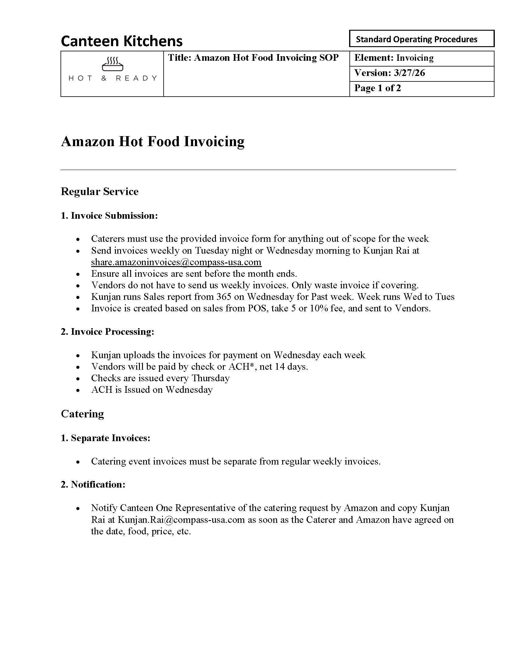 Hot Food Invoicing SOP