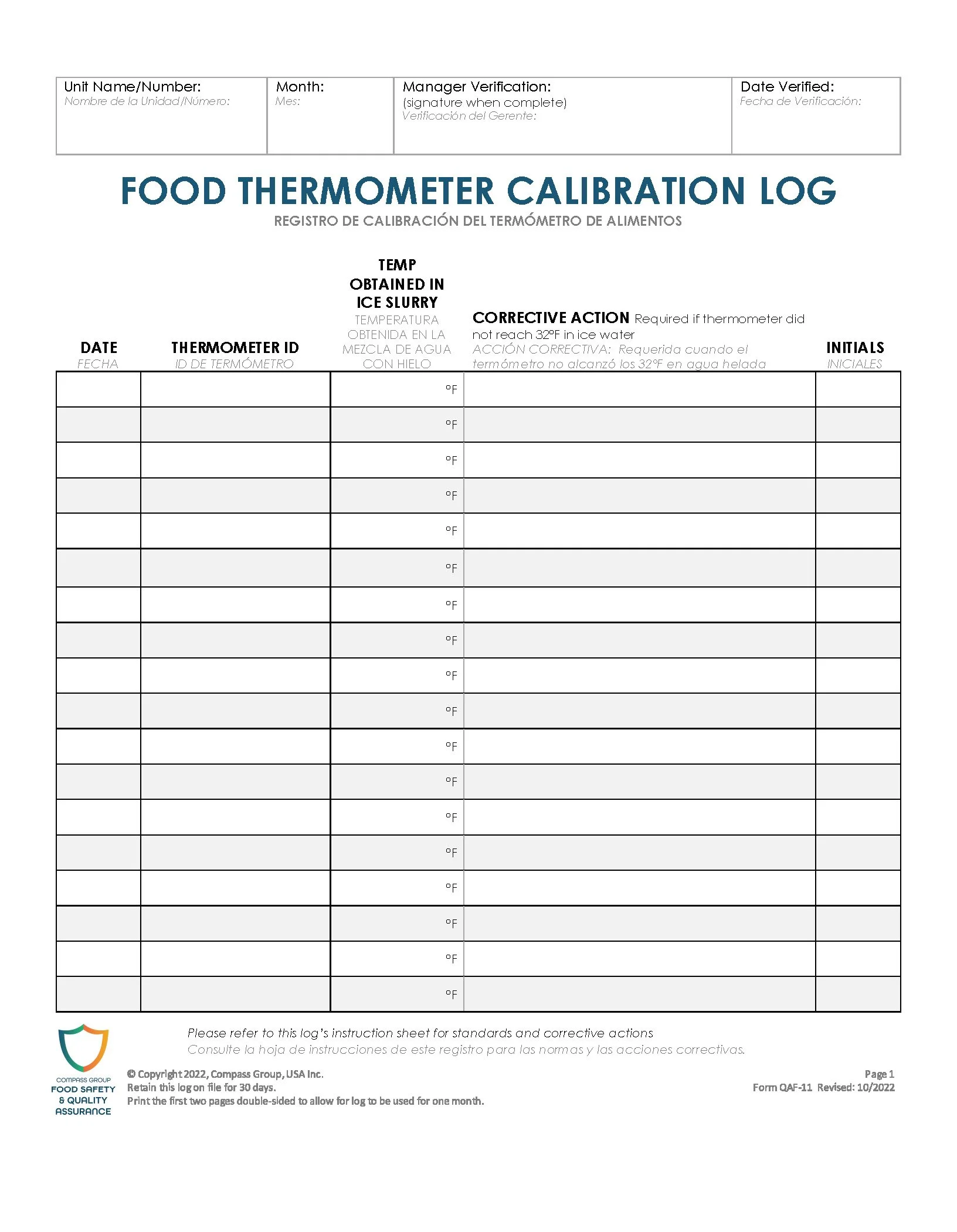 Food Thermometer Calibration Log