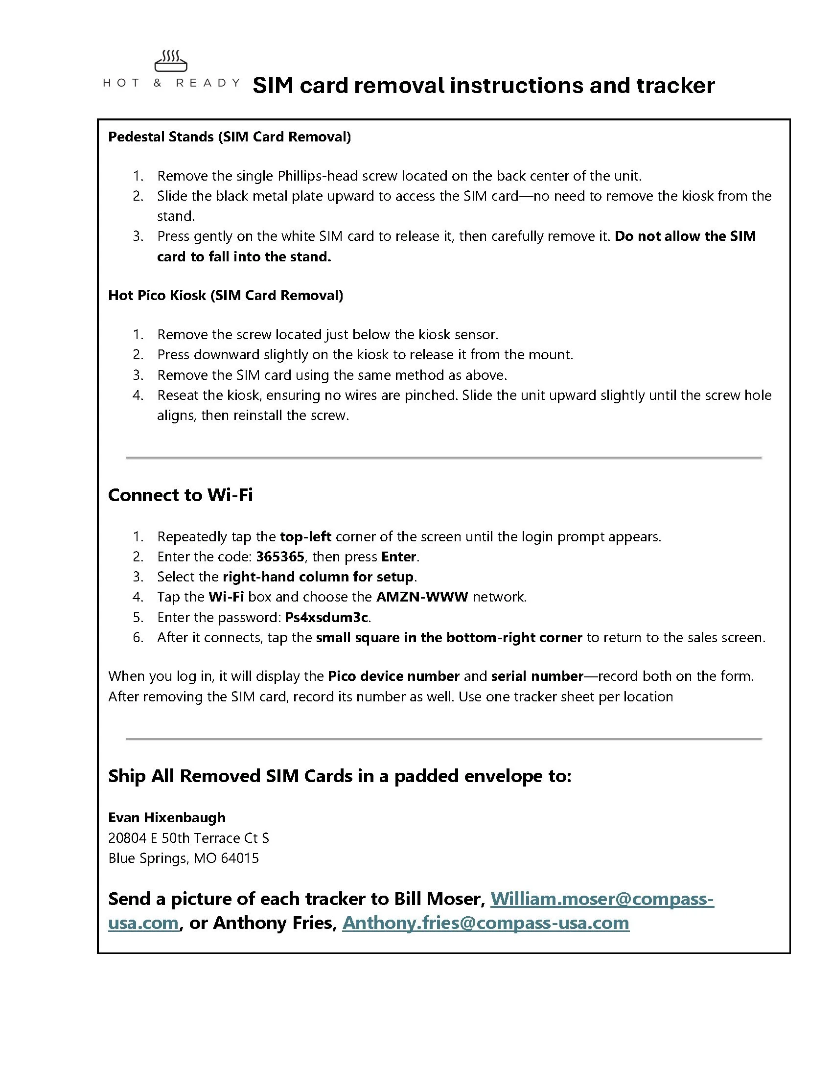 SIM card removal instructions and tracker