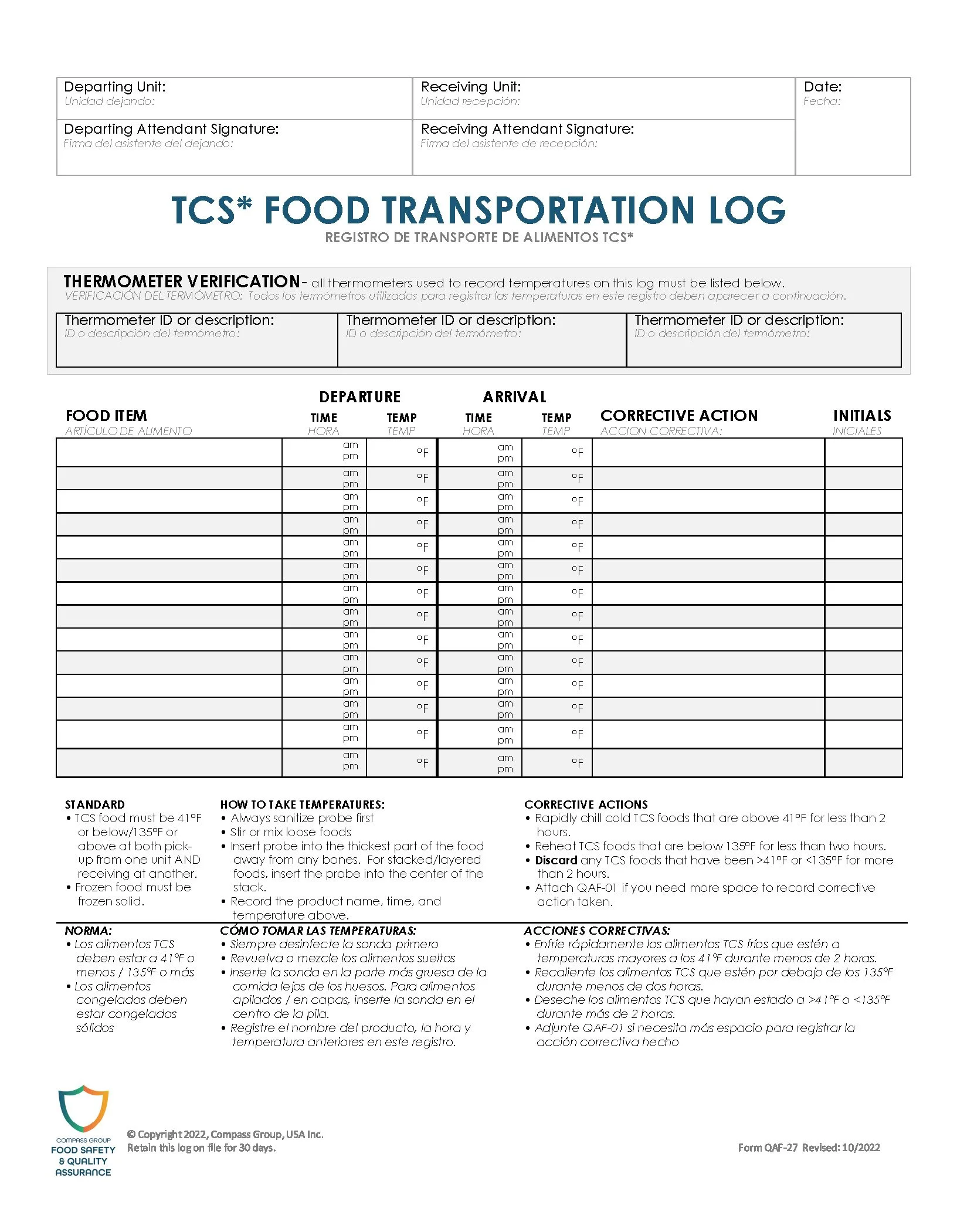 QAF-27 FOOD TRANSPORTATION LOG