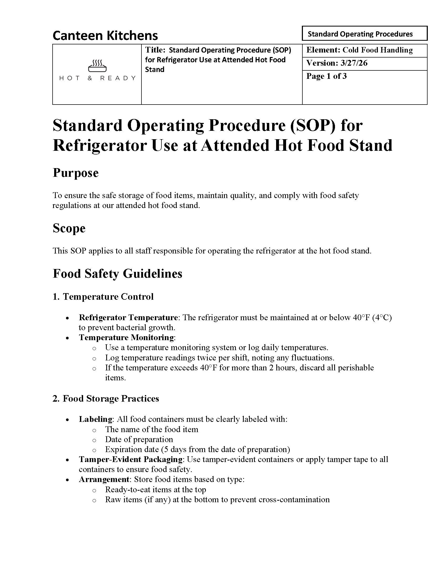 Template for Refrigerated Food procedures