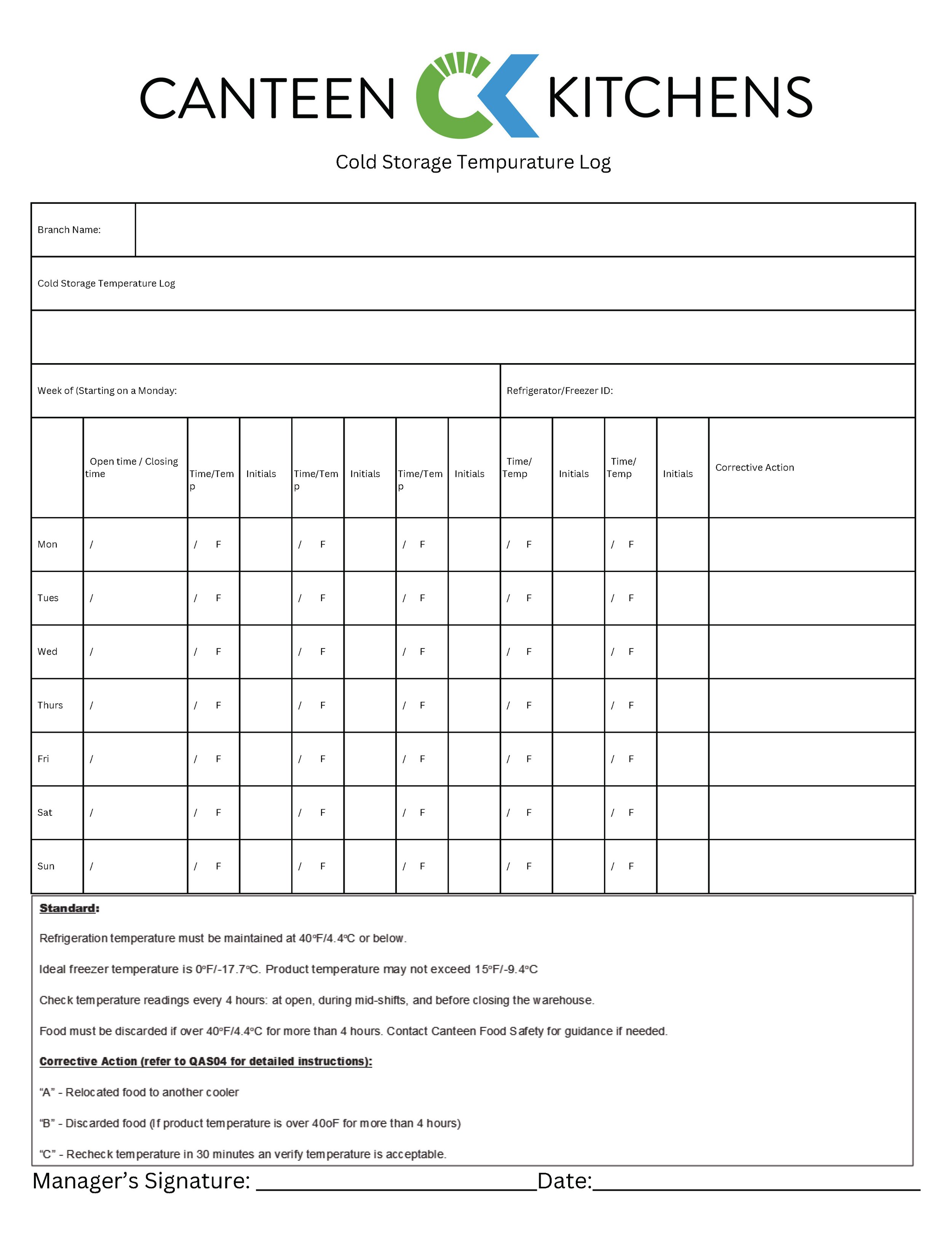 Cold Storage Temperature Log Template