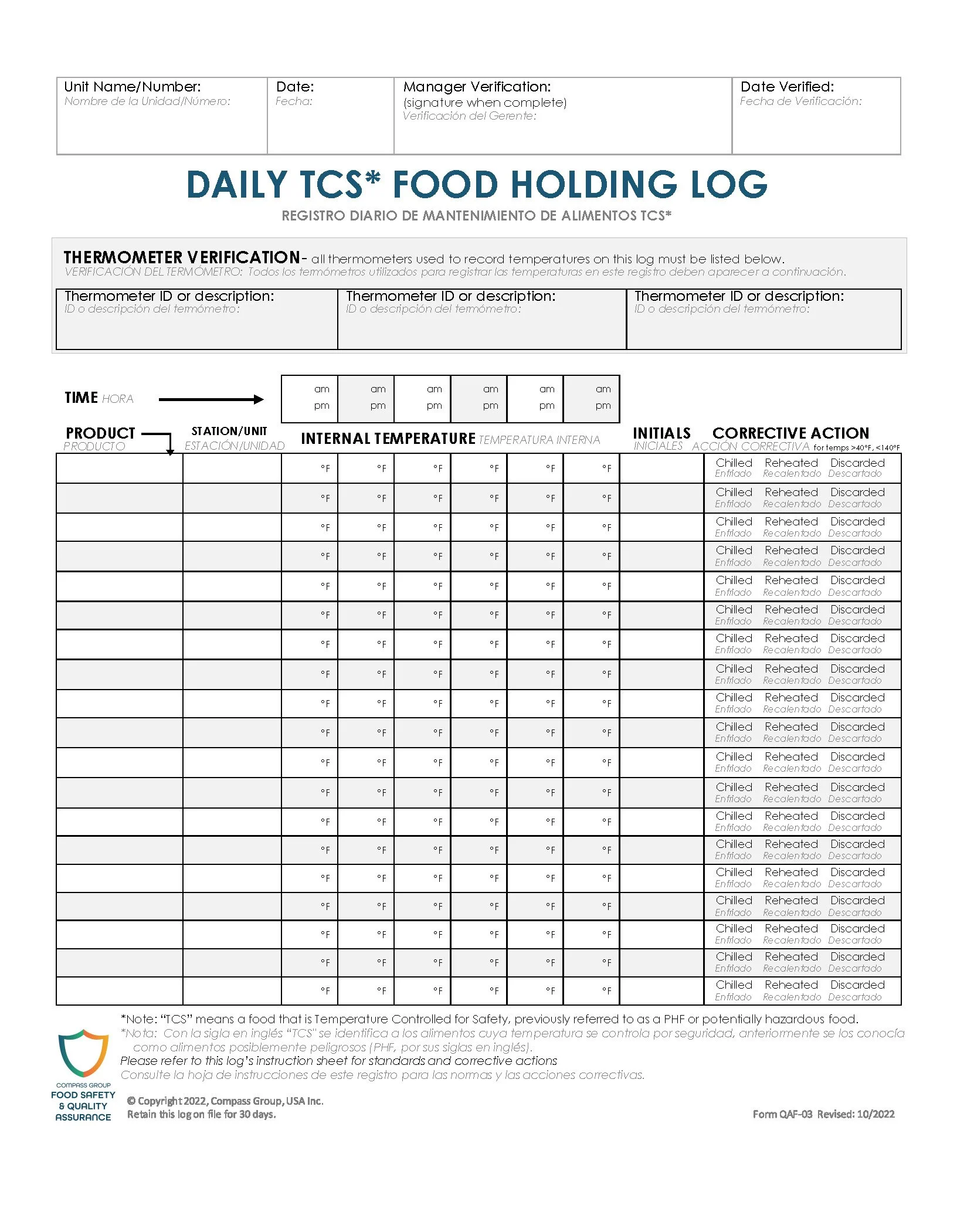 QAF-03 FOOD HOLDING TEMPERTURE LOG