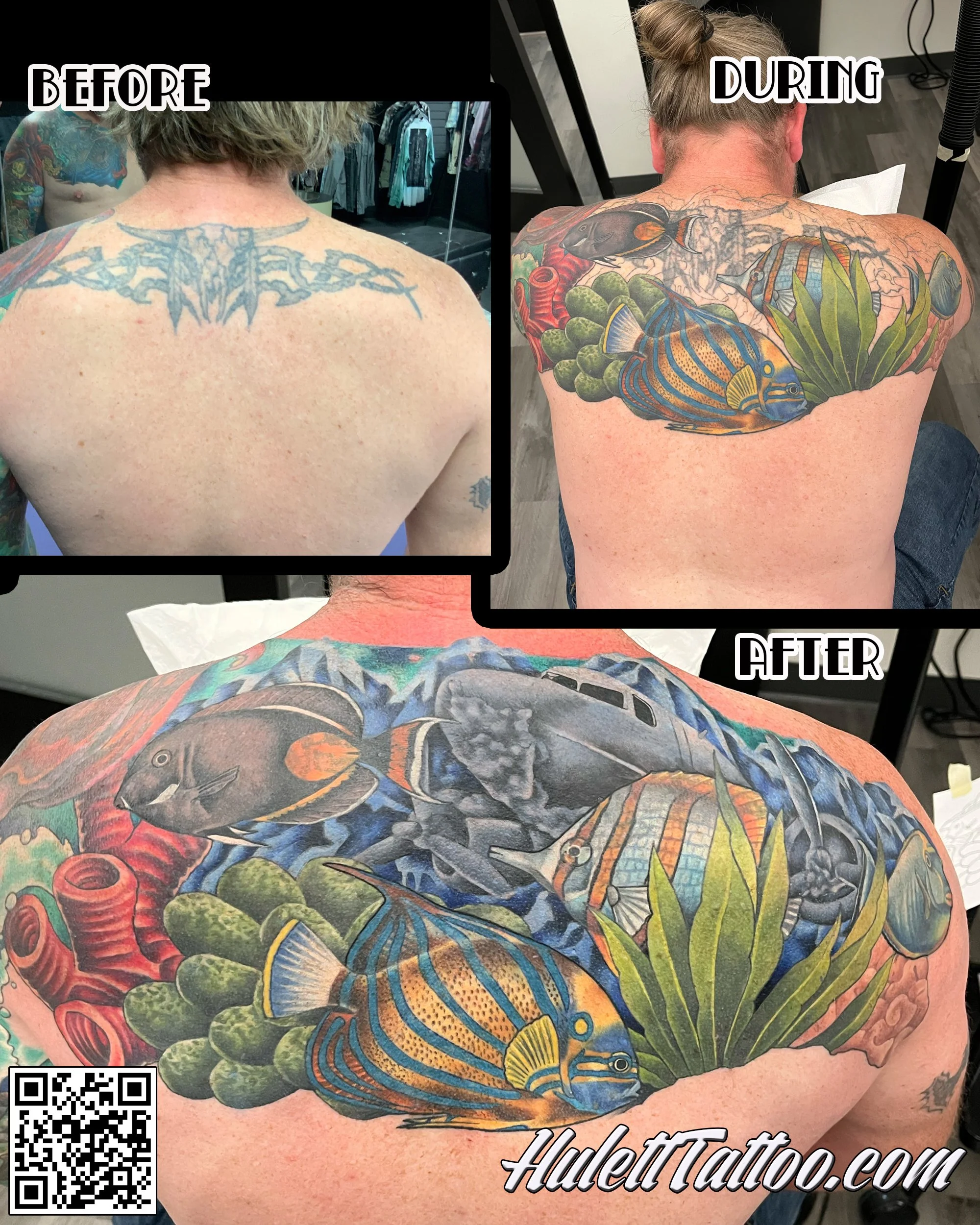 Colorful cover up tattoos a sea scape on his back featuring a variety of marine life, including fish, coral, and seaweed, with a before and after comparison of the tattooing process.