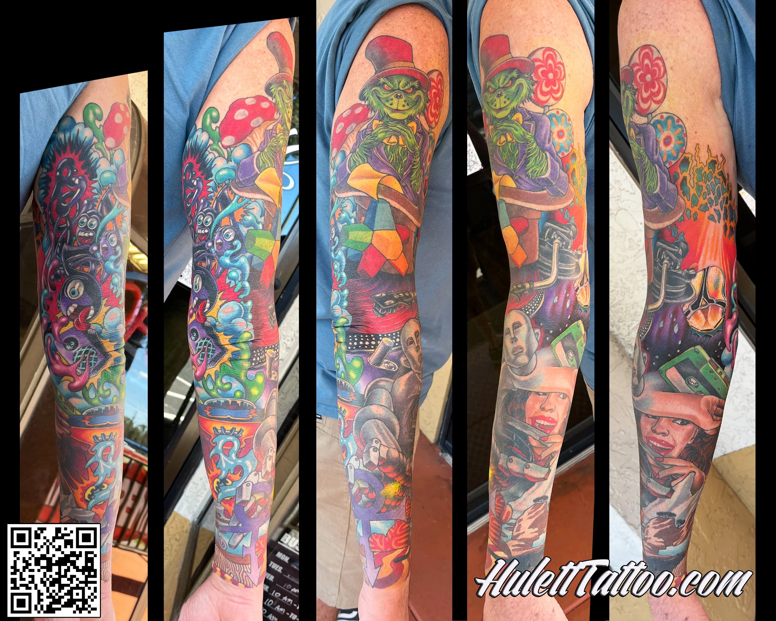 Colorful sleeve tattoo featuring a compilation of music themed designs.