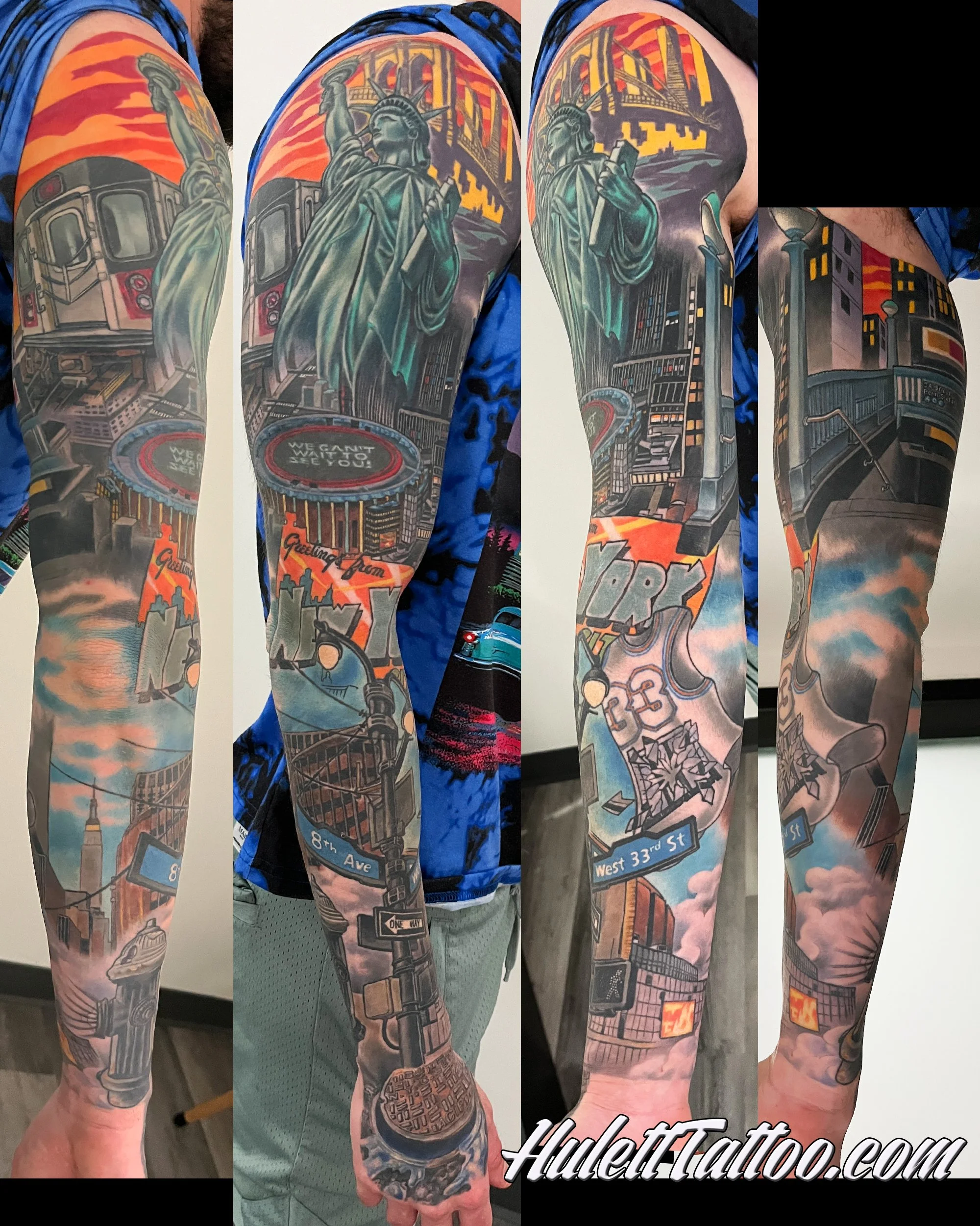 Full sleeve tattoo featuring New York City landmarks such as the Statue of Liberty, the Empire State Building, and various cityscape scenes, with vibrant colors and detailed artwork.