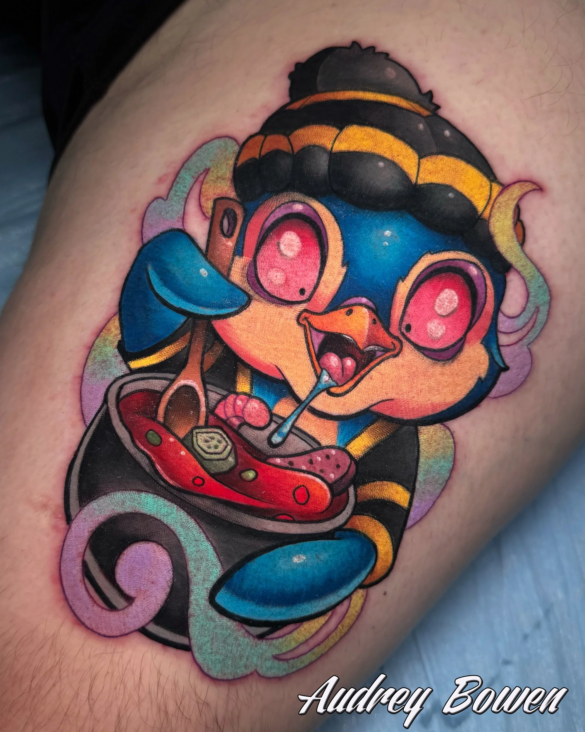 Colorful new school penguin tattoo. Tattoo by Audrey Bowen, Karmic Tattoo, Clearwater Florida