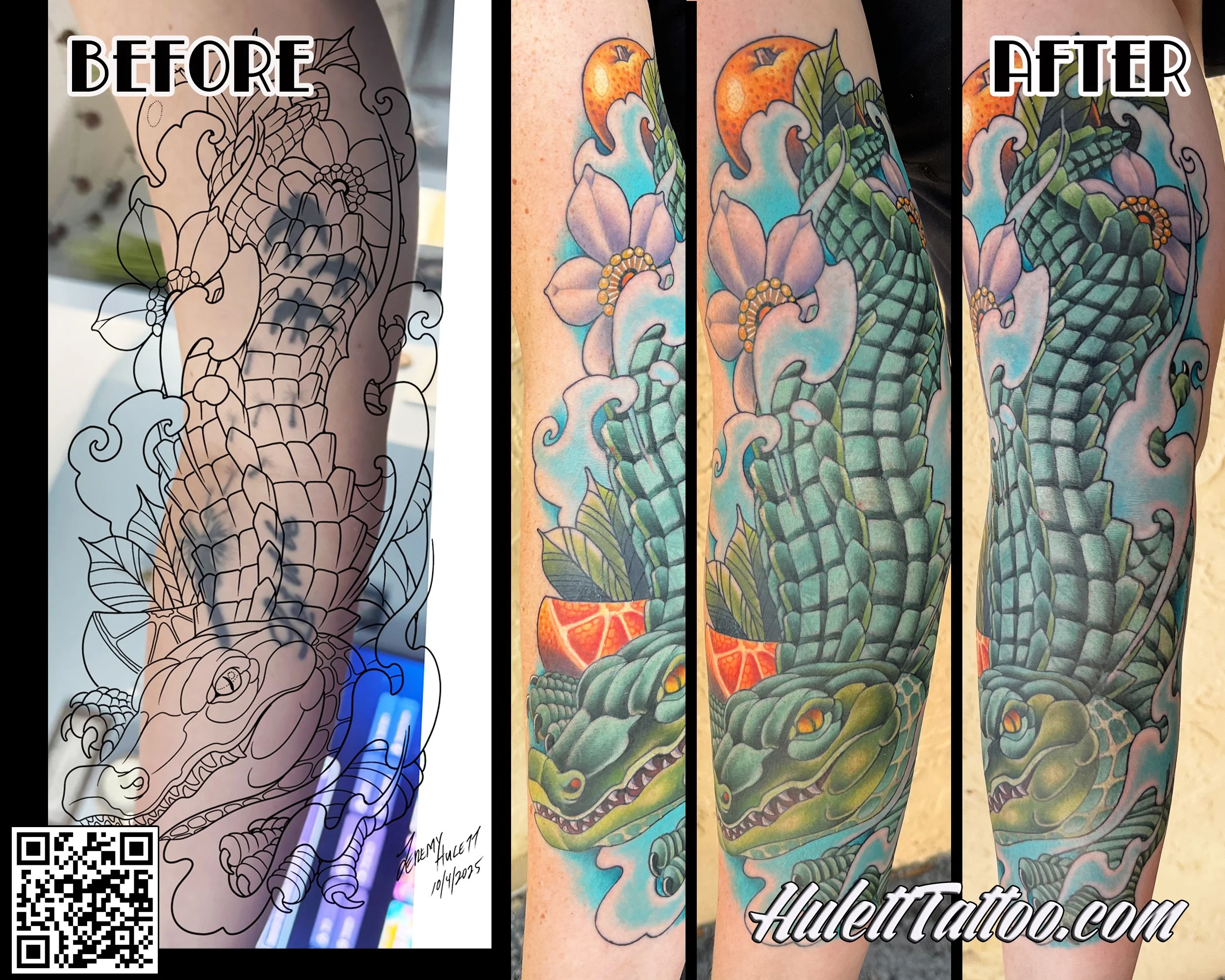 A colorful cover up tattoo of an alligator on a person's arm.