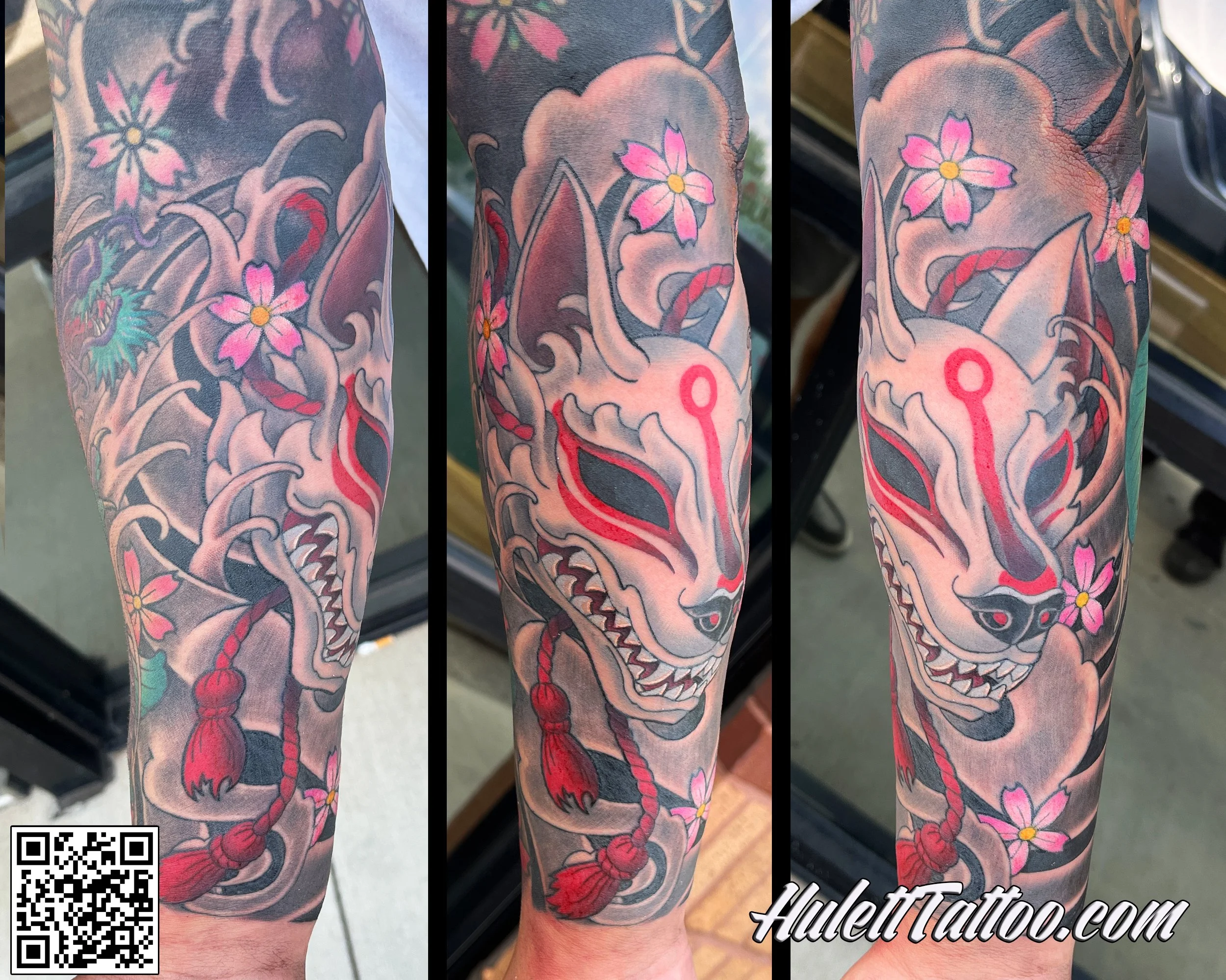 Colorful traditional Japanese-style Kitsunne mask tattoo on a person's arm featuring cherry blossoms, a dragon, and a koi fish, with vibrant colors and intricate details.