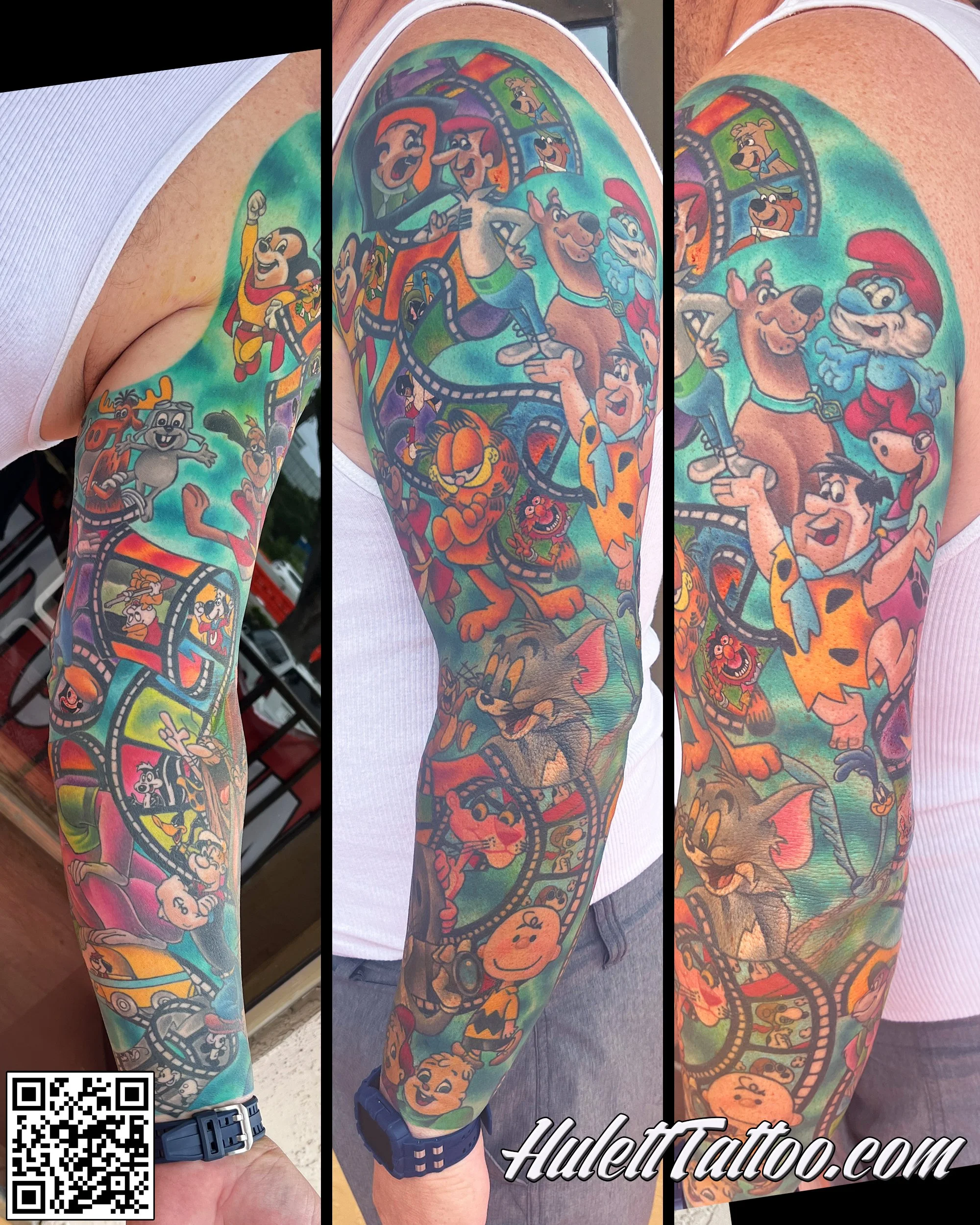Colorful tattoo sleeve featuring characters from The Flintstones and other cartoon characters, with a film strip design and a green background.