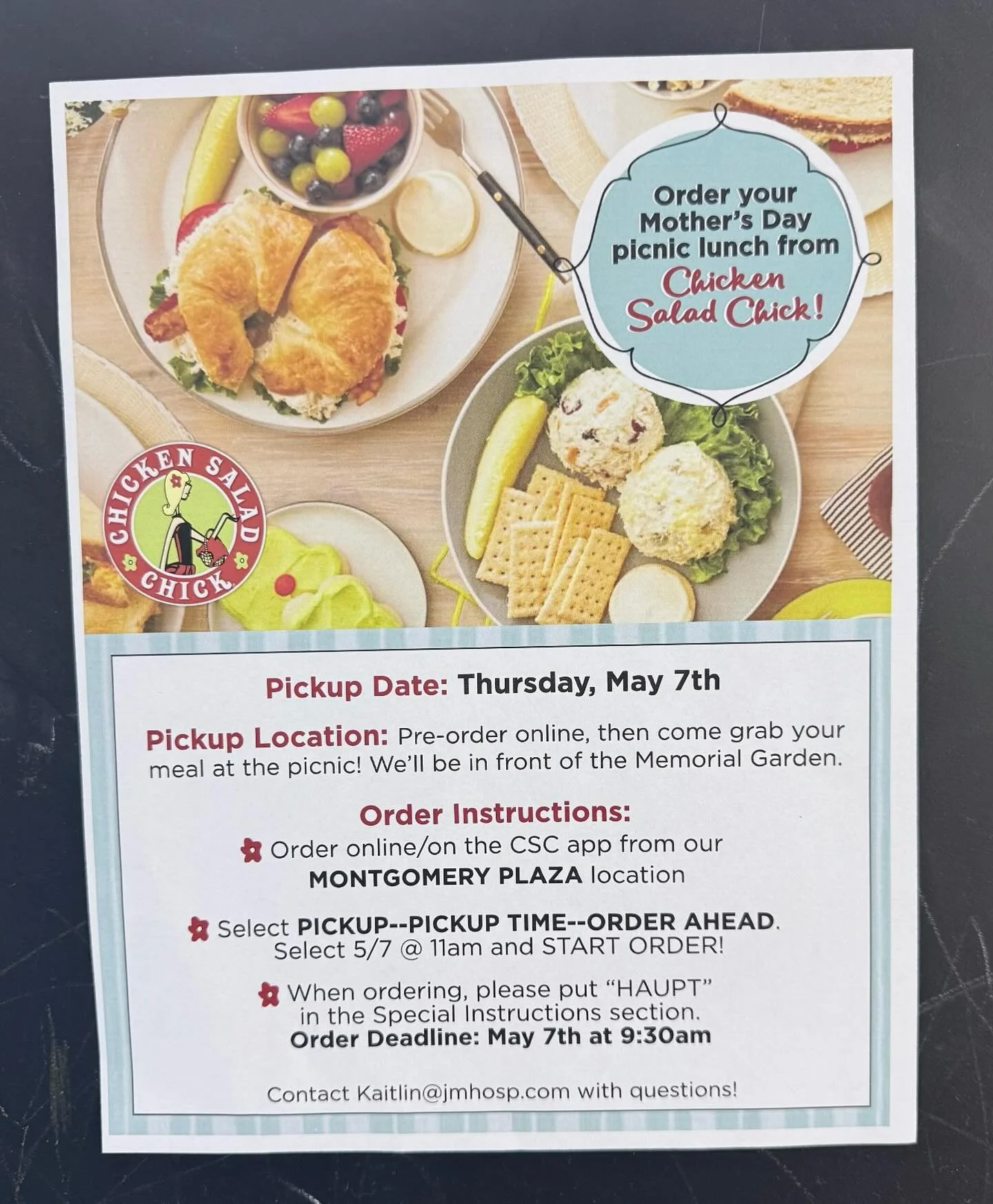 Watch for this flyer to come home ~ we are so excited to partner with Chicken Salad Chick for our picnics. Order online, and pick up in the park. Such a busy time of the year -this will take the chaos out of this very special day.#haupt#picnicinthepa