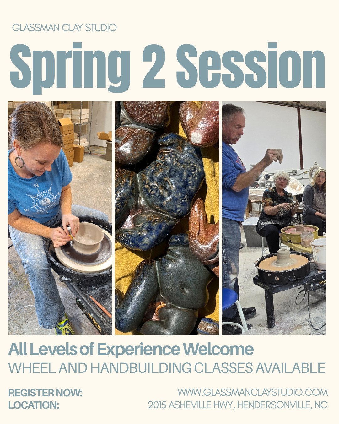 Don't forget to register for our Spring 2 Session 🌸 We've got options for all levels of experience in wheel-throwing and hand-building!

This session will start the week of April 21st- you've still got time to sign up 😊

Register now at www.glassma