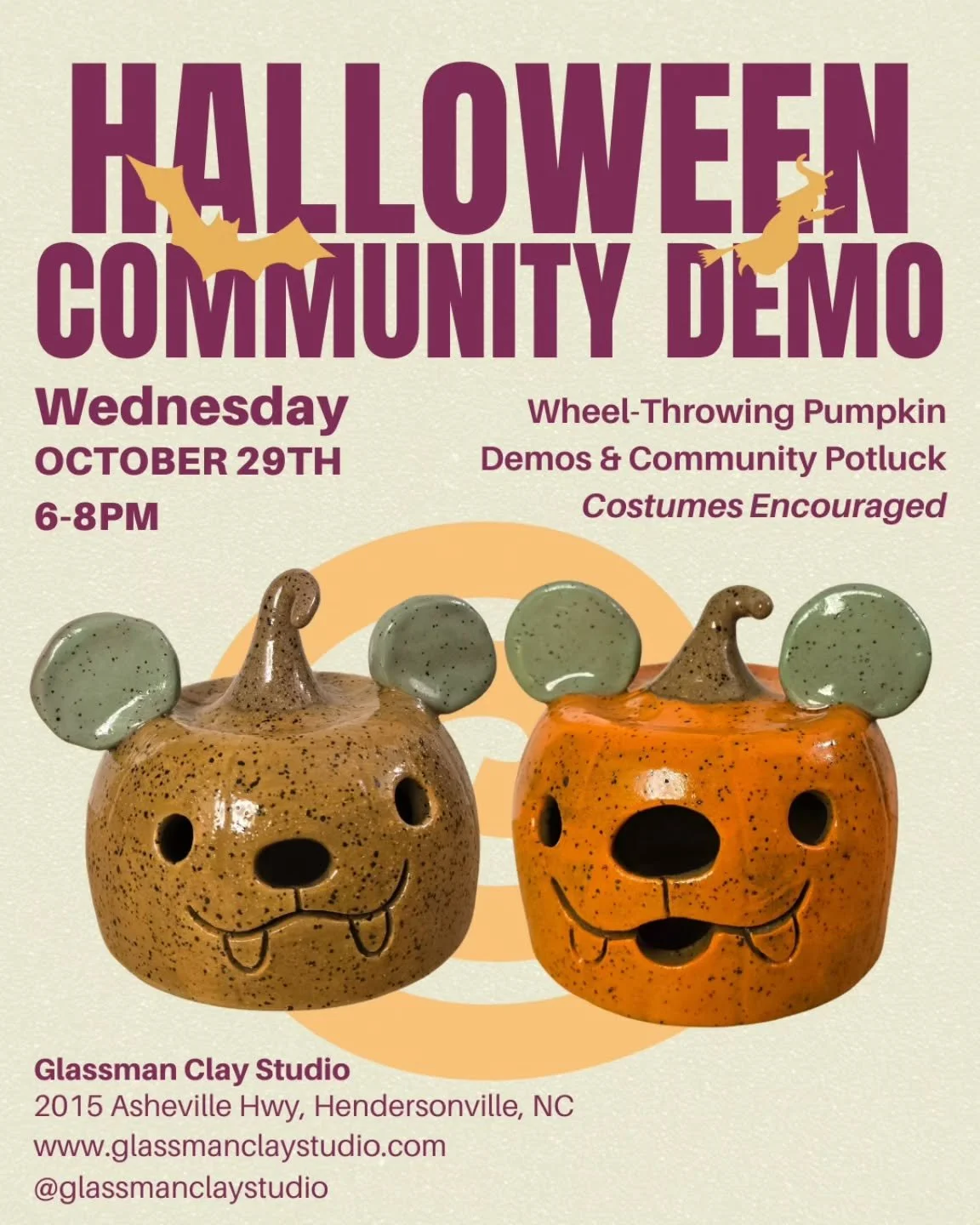 Halloween Community Demo at Glassman Clay Studio 🎃 Wednesday October 29th, 6-8pm

Topic: Wheel-Throwing Pumpkins and Carving Clay Jack-O-Lanterns with Hannah Gambino

Starting with Introductions and Costume Showing, Studio Tour, and Potluck Mingling