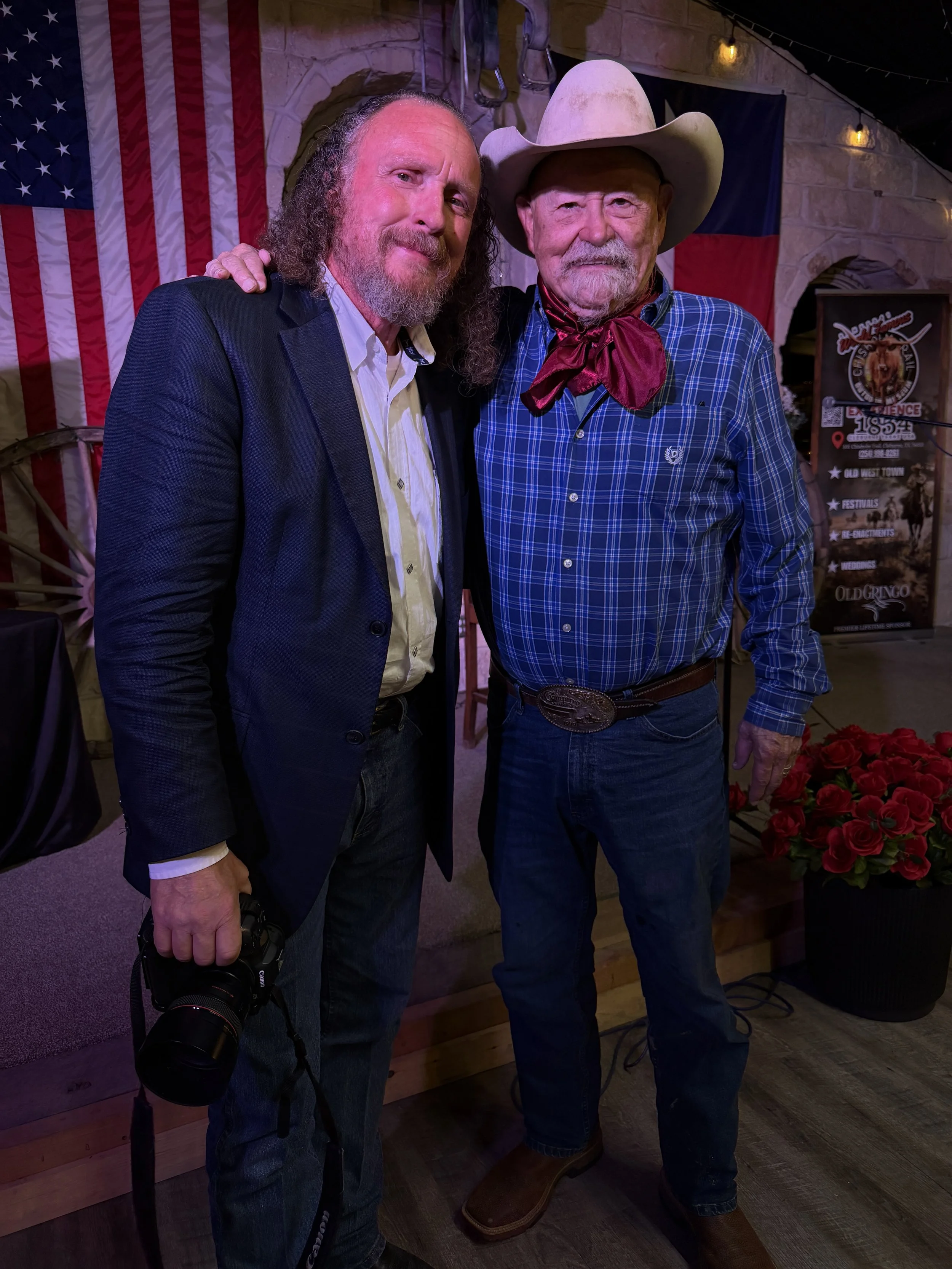 Another True Texas Legend, Berry Corbin at the Chisholm Trail Museum, Cleburne, Texas USA taking a moment to visit with me.  A moment I will always cherish, Thank You Berry! 