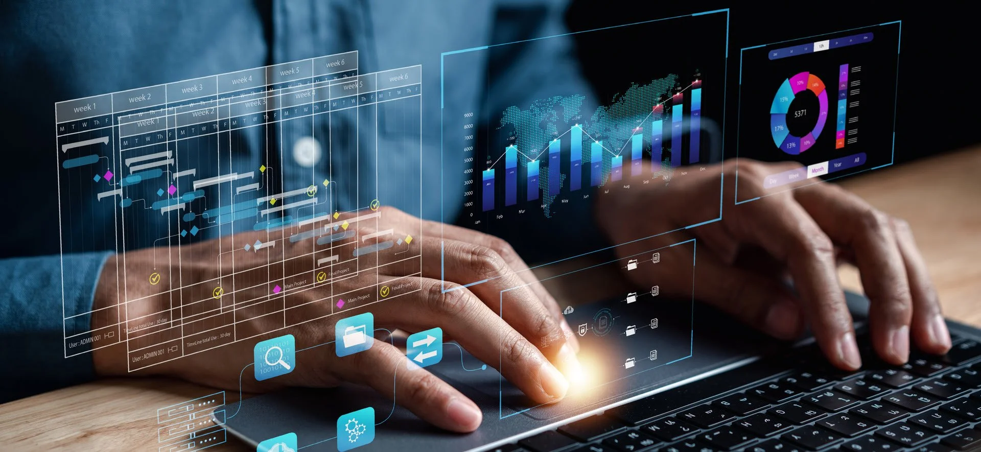 Person, die mit einem Laptop arbeitet, umgeben von digitalen Datenvisualisierungen wie Diagrammen und Grafiken, die auf holographischen Bildschirmen projiziert werden.