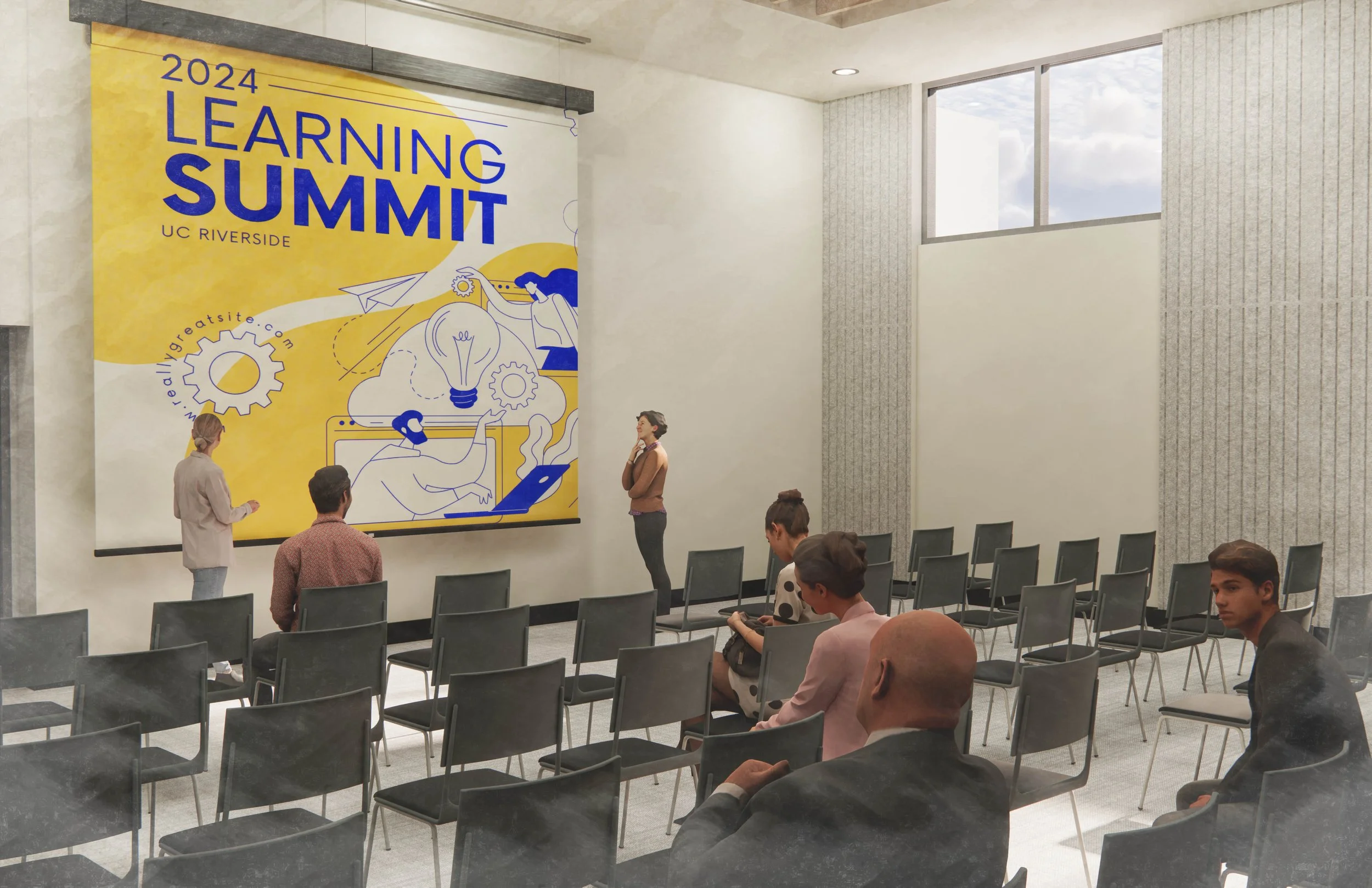A conference room with people attending a presentation on a large screen that displays a yellow and blue poster for the 2024 Learning Summit at UC Riverside. The poster features illustrations of a lightbulb, gears, a laptop, and a person using a smar