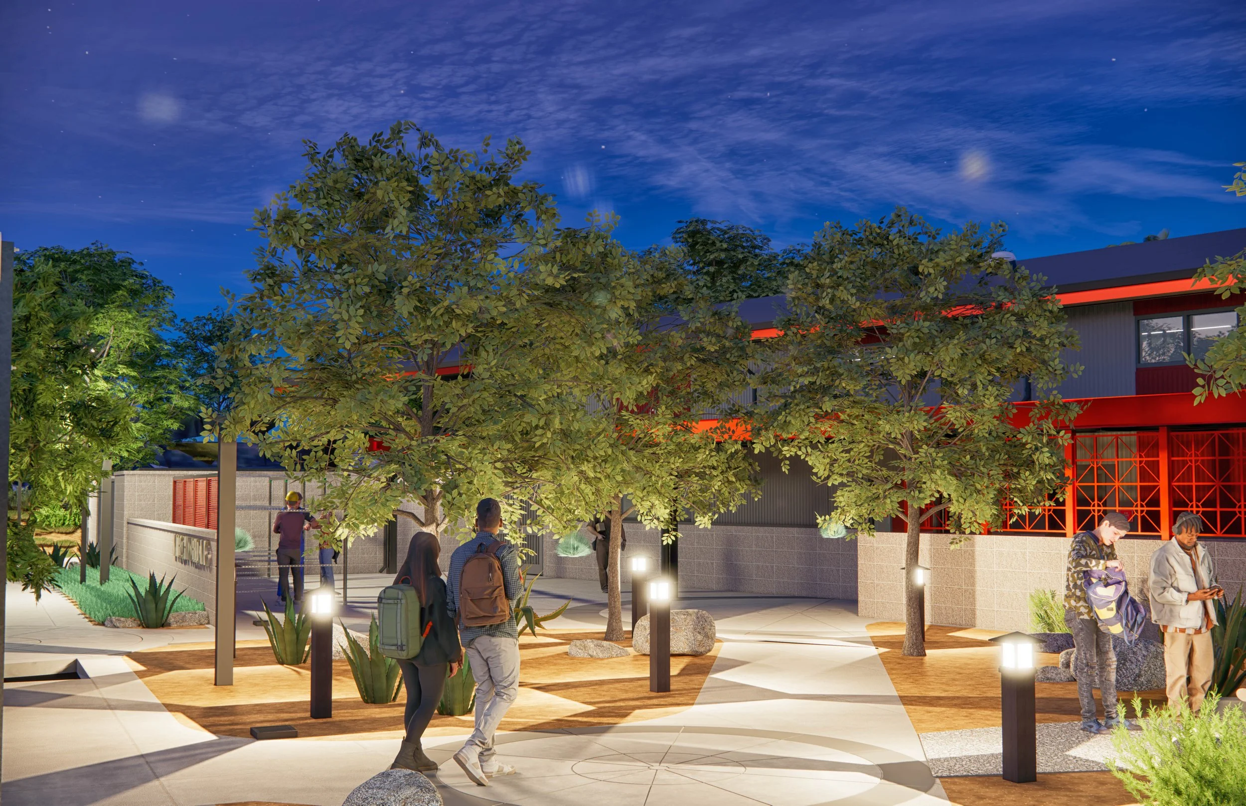 Night scene of a modern outdoor walkway with trees, people walking and using electronic devices, and landscape lighting.