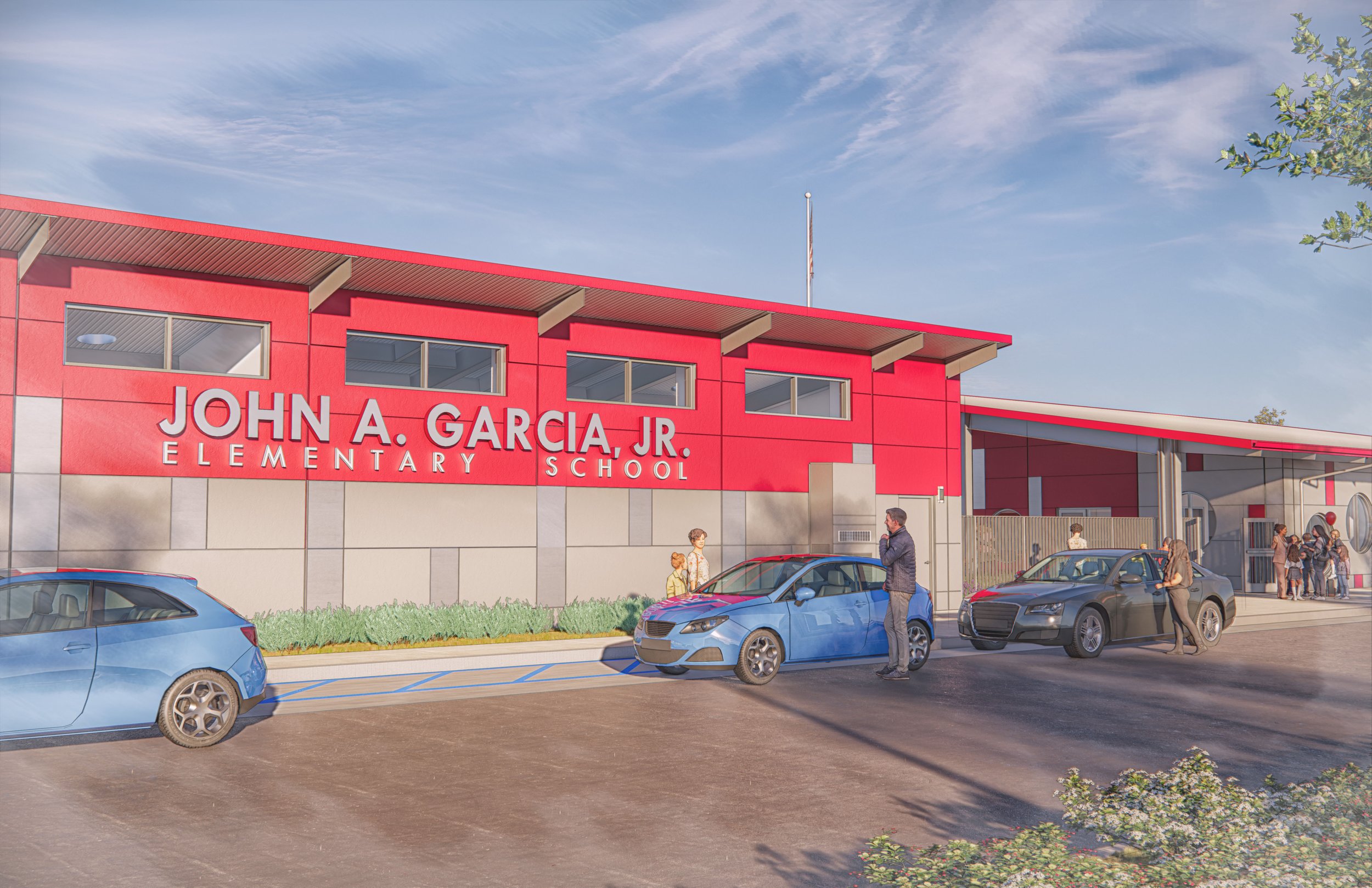 Exterior view of John A. Garcia Jr. Elementary School with people arriving and parked cars in front, clear sky and greenery.