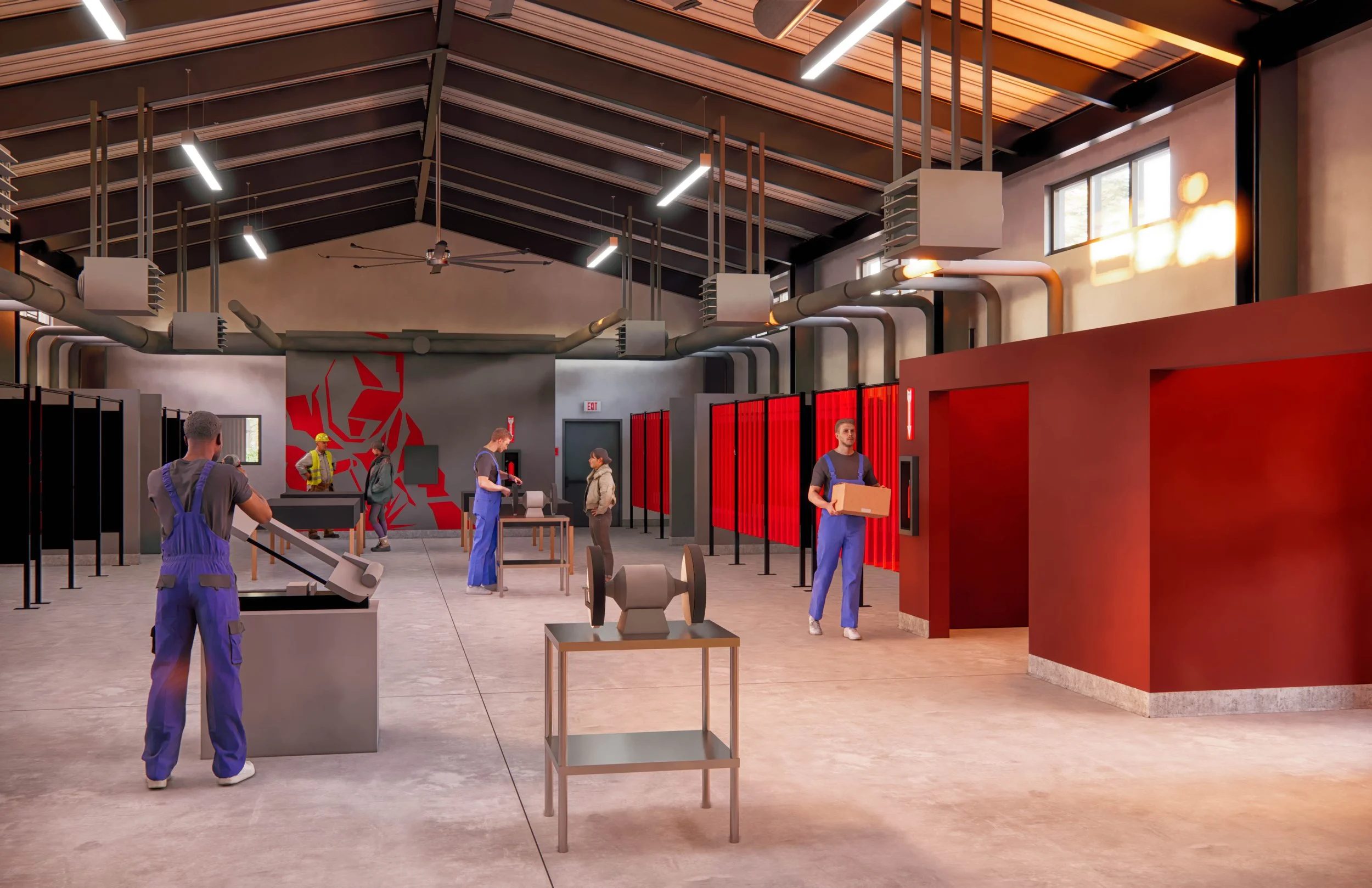 Inside a modern industrial-style building with people working and using lockers, some carrying boxes. The space has high ceilings with visible ducts and large windows letting in natural light.