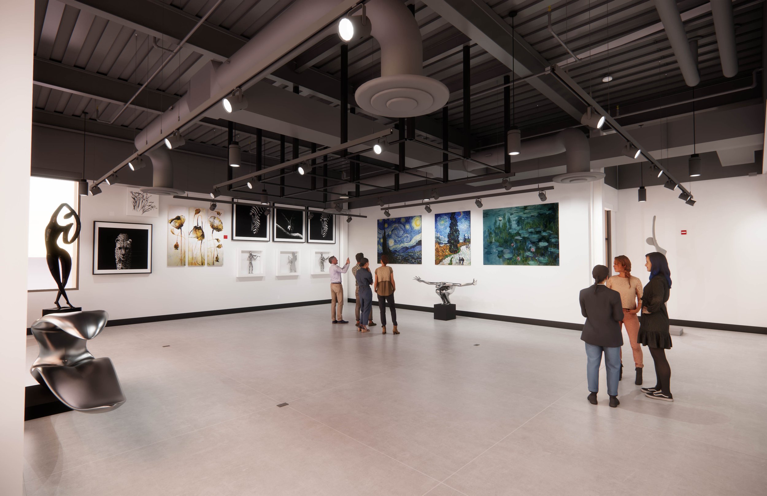 People viewing artwork in a modern art gallery with sculptures and paintings on white walls.