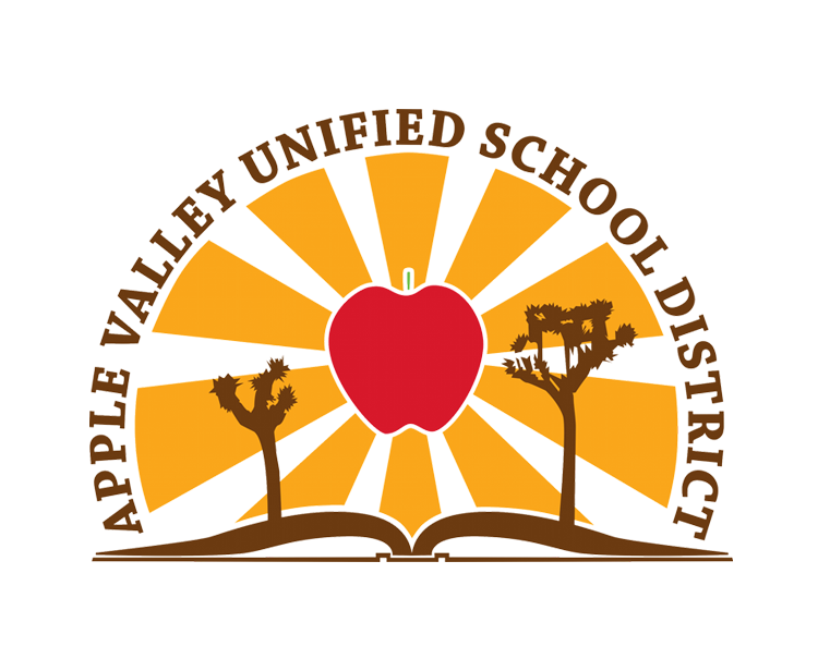 The logo of Apple Valley Unified School District features a red apple at the center with yellow rays radiating behind it, a brown open book at the bottom, and two desert trees on either side of the apple.