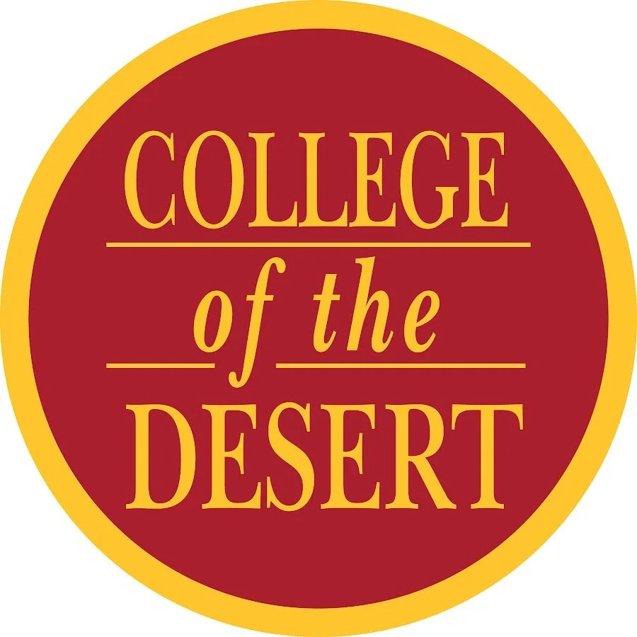 A circular logo with a red background and yellow border, featuring the text "College of the Desert" in yellow letters.